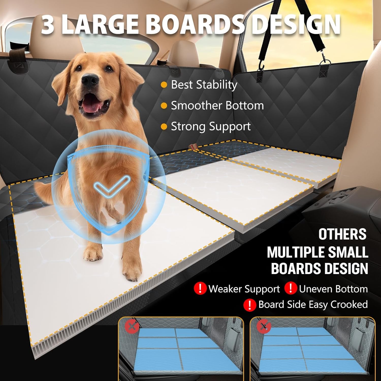 Back Seat Extender for Dogs - Large Space Car Seat Cover with Hard Bottom, Sturdy Hammock Supporting 181Kg, Easy to Install for Cars, Trucks, Suvs - Black