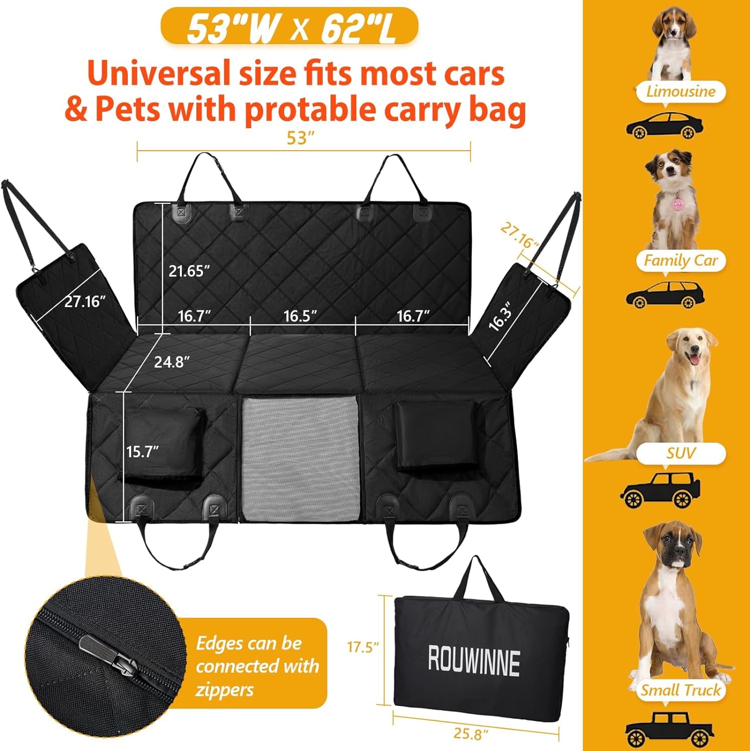 Back Seat Extender for Dogs - Large Space Car Seat Cover with Hard Bottom, Sturdy Hammock Supporting 181Kg, Easy to Install for Cars, Trucks, Suvs - Black